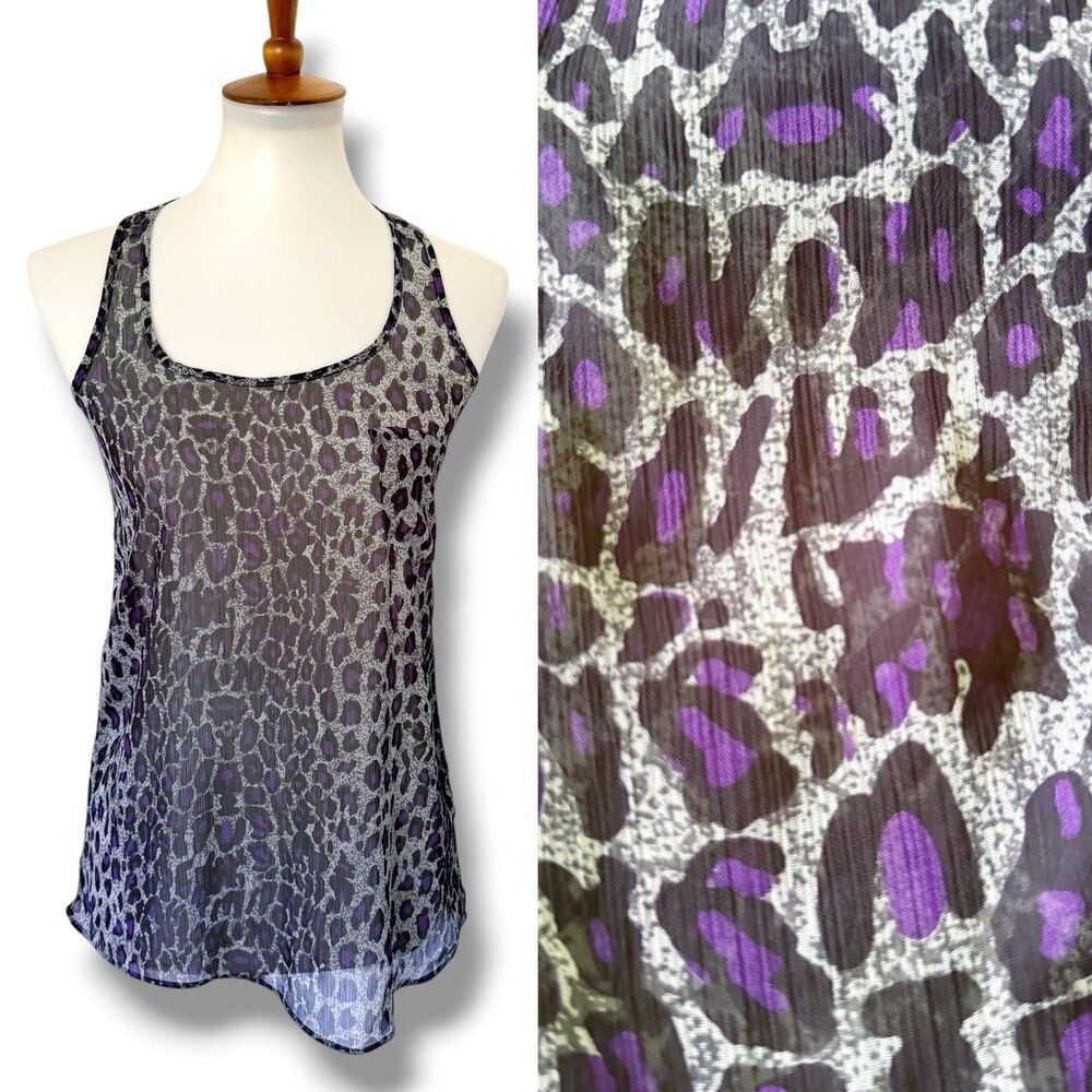 Vtg Y2K Miley Cyrus Max Azria Purple Leopard Sheer Chiffon Tank Top Blouse XS